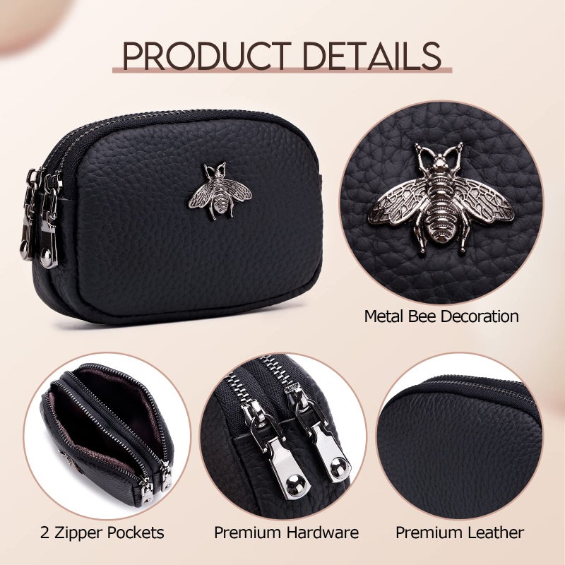 imeetu Women Leather Coin Purse, Small 2 Zippered Change Pouch Wallet(Dark Pink) - Image 5